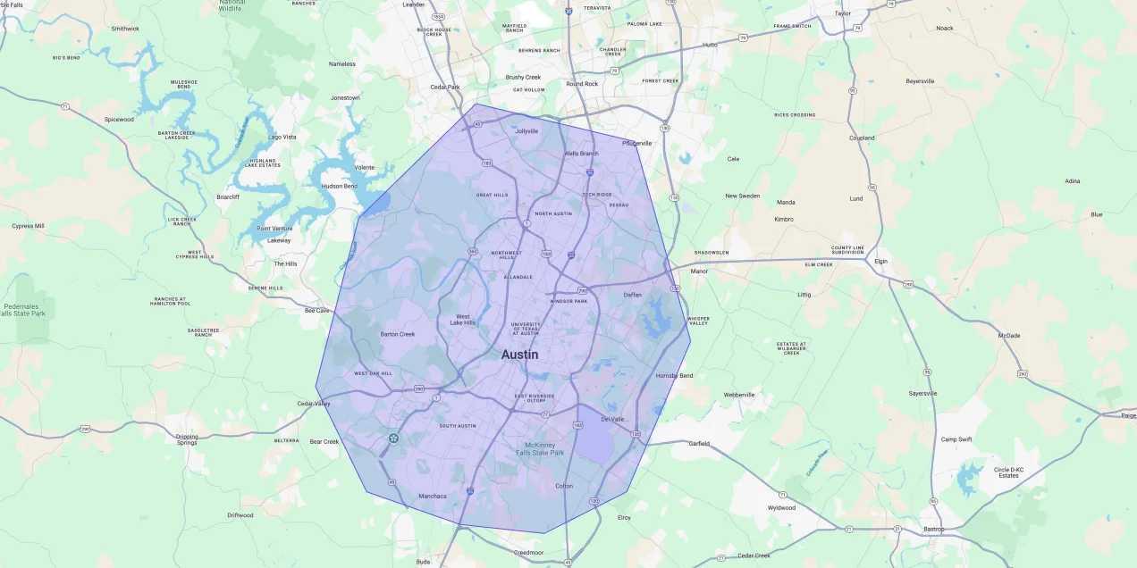 Map showing Premium Chimneys’ local fireplace and chimney service coverage area