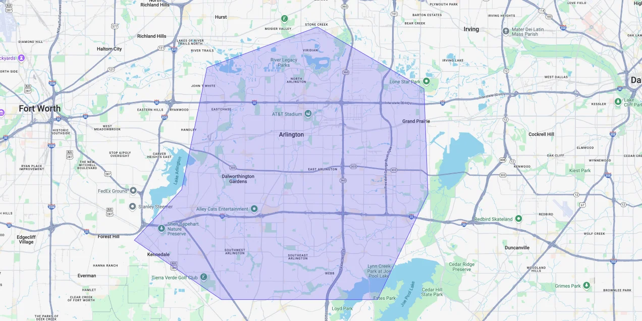 Map showing Premium Chimneys’ local fireplace and chimney service coverage area