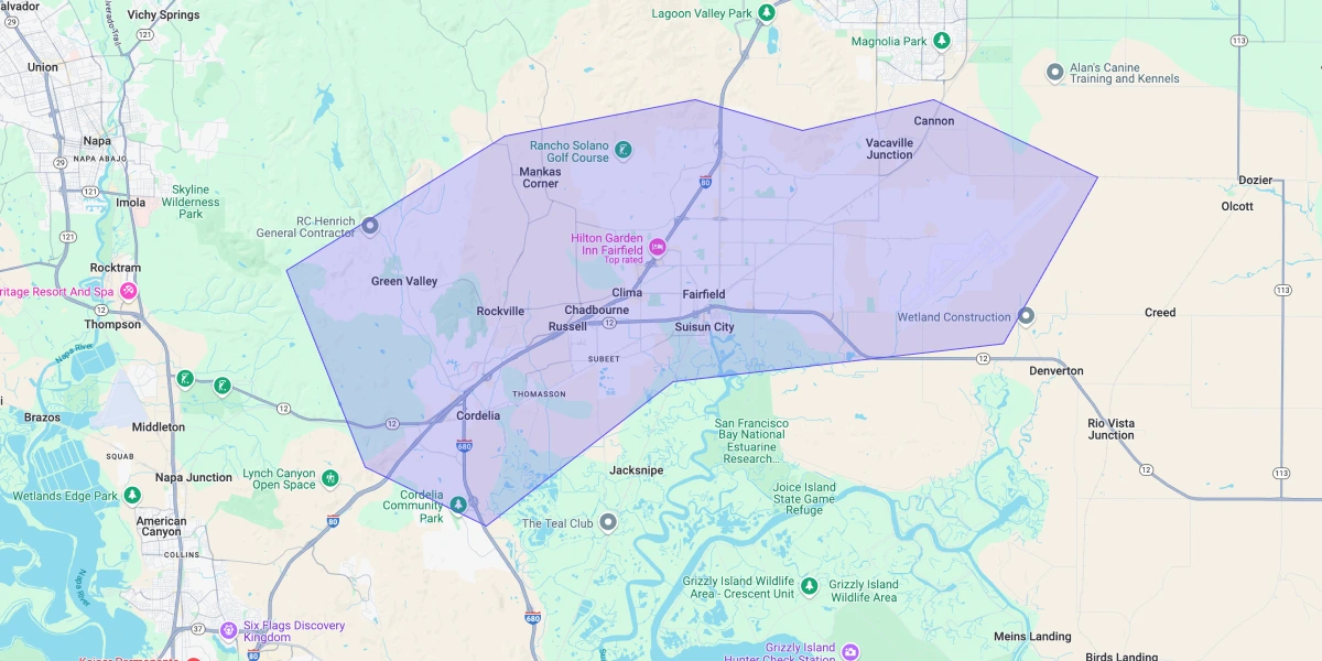 Map showing Premium Chimneys’ local fireplace and chimney service coverage area