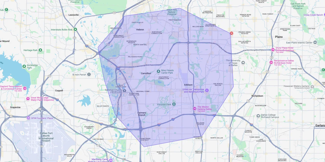 Map showing Premium Chimneys’ local fireplace and chimney service coverage area