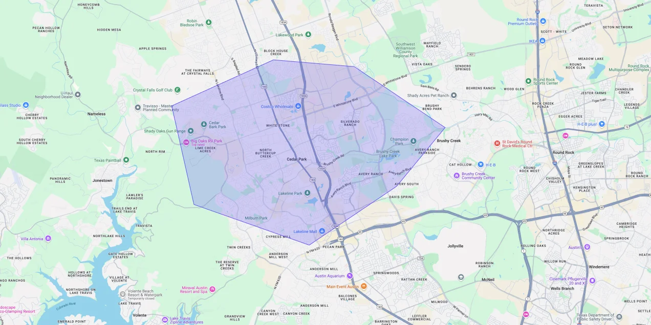 Map showing Premium Chimneys’ local fireplace and chimney service coverage area