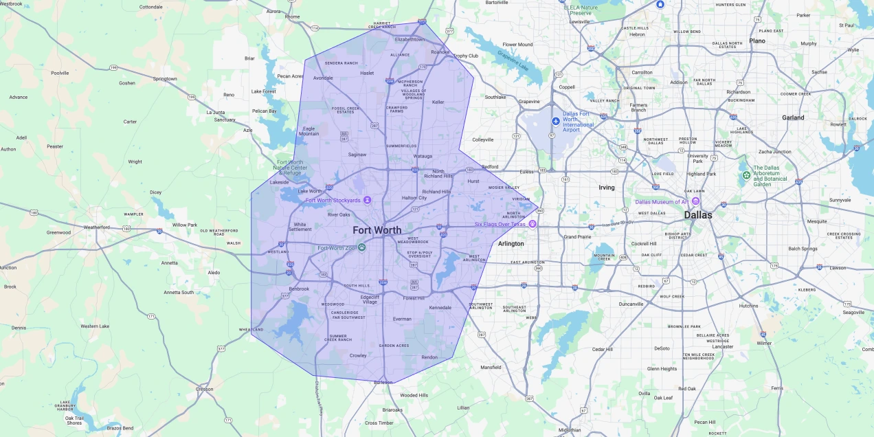 Map showing Premium Chimneys’ local fireplace and chimney service coverage area