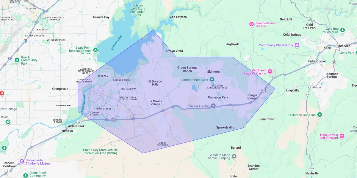 Map showing Premium Chimneys’ local fireplace and chimney service coverage area