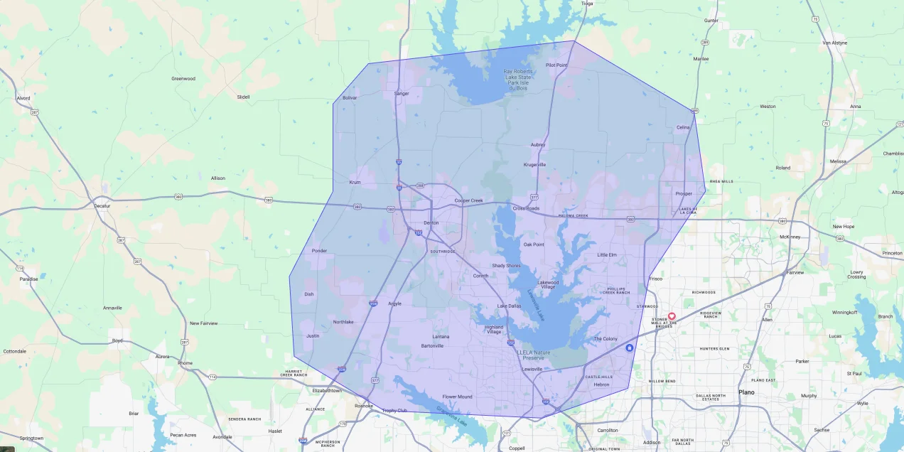 Map showing Premium Chimneys’ local fireplace and chimney service coverage area