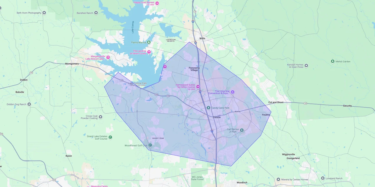Map showing Premium Chimneys’ local fireplace and chimney service coverage area