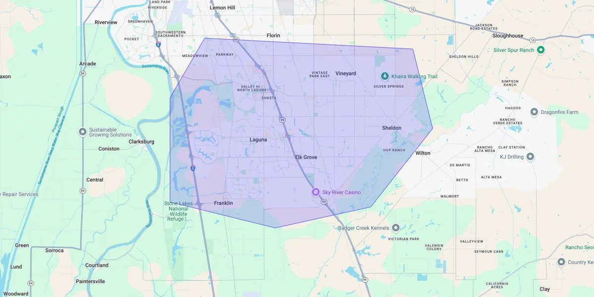Map showing Premium Chimneys’ local fireplace and chimney service coverage area