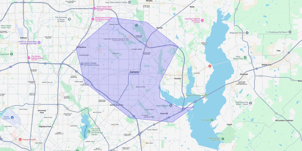 Map showing Premium Chimneys’ local fireplace and chimney service coverage area