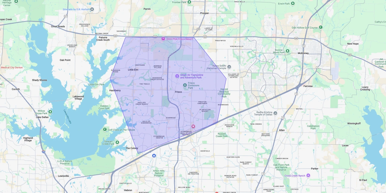 Map showing Premium Chimneys’ local fireplace and chimney service coverage area
