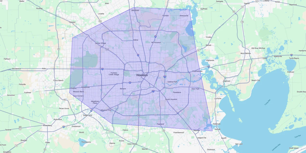 Map showing Premium Chimneys’ local fireplace and chimney service coverage area