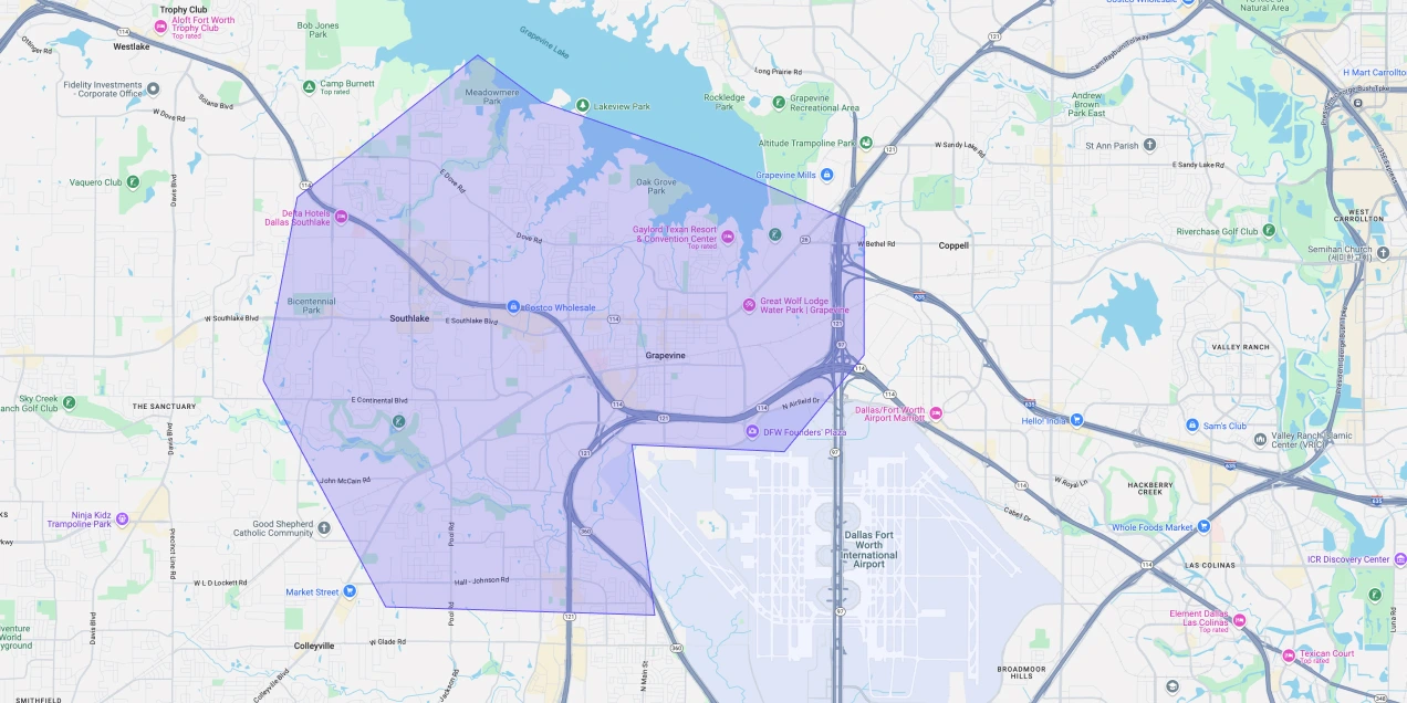 Map showing Premium Chimneys’ local fireplace and chimney service coverage area