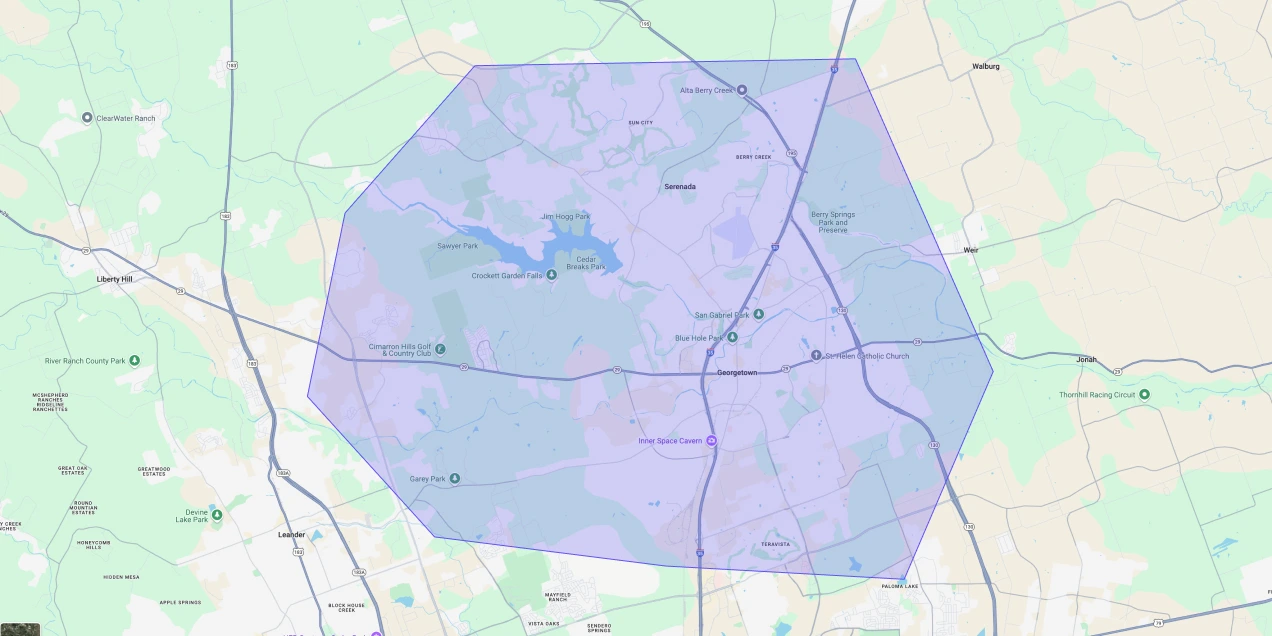 Map showing Premium Chimneys’ local fireplace and chimney service coverage area