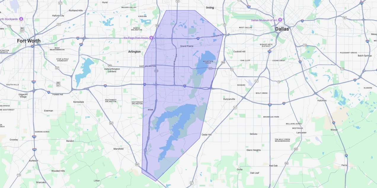 Map showing Premium Chimneys’ local fireplace and chimney service coverage area