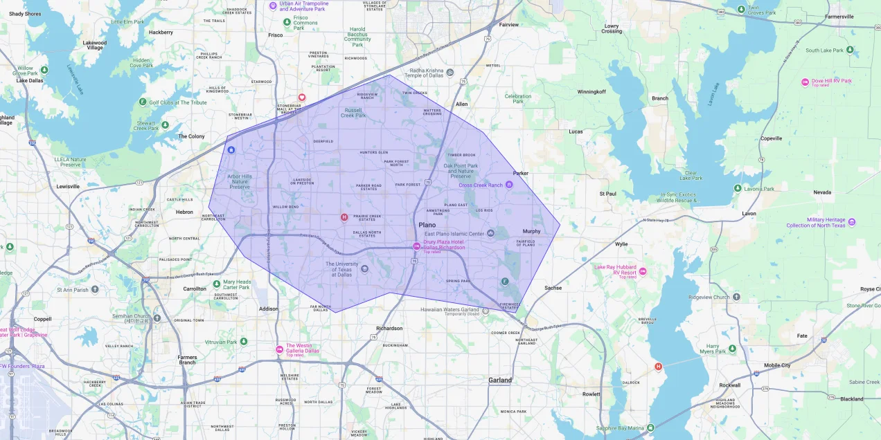 Map showing Premium Chimneys’ local fireplace and chimney service coverage area