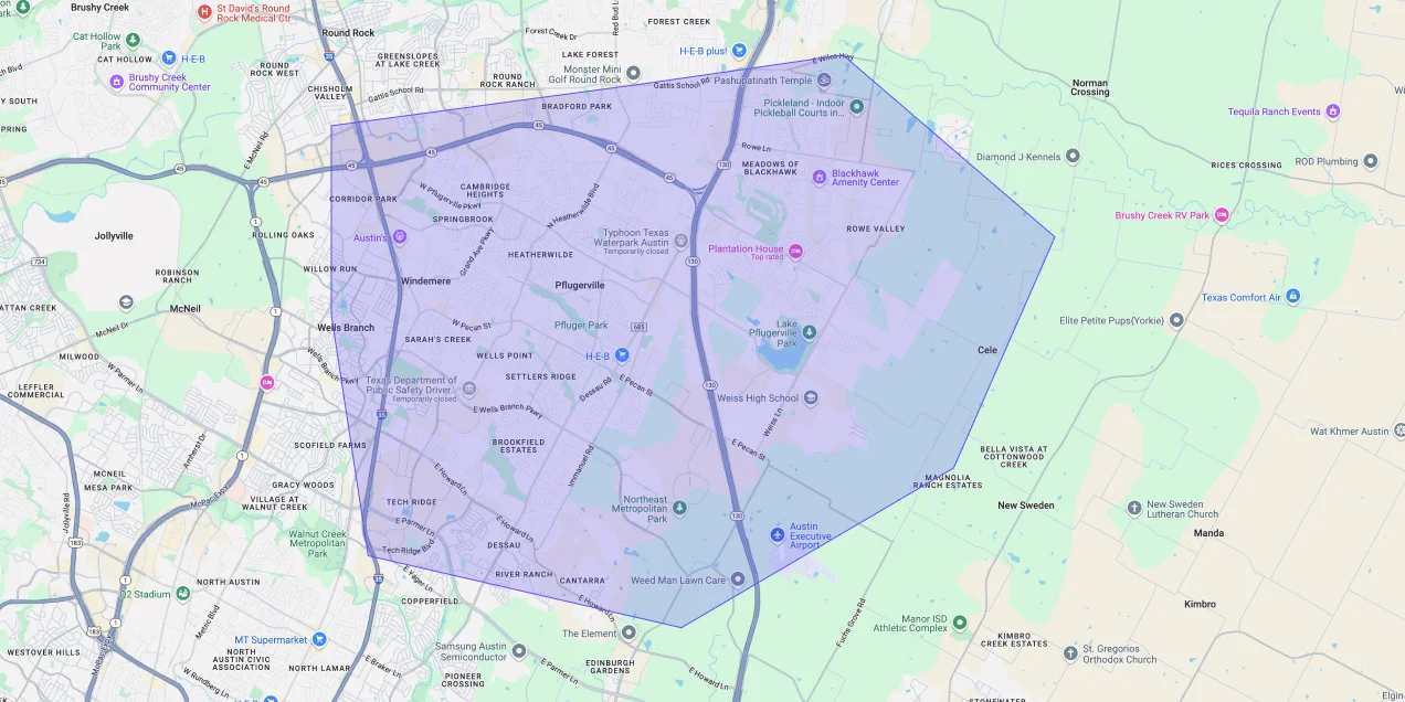 Map showing Premium Chimneys’ local fireplace and chimney service coverage area