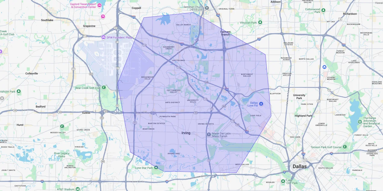 Map showing Premium Chimneys’ local fireplace and chimney service coverage area