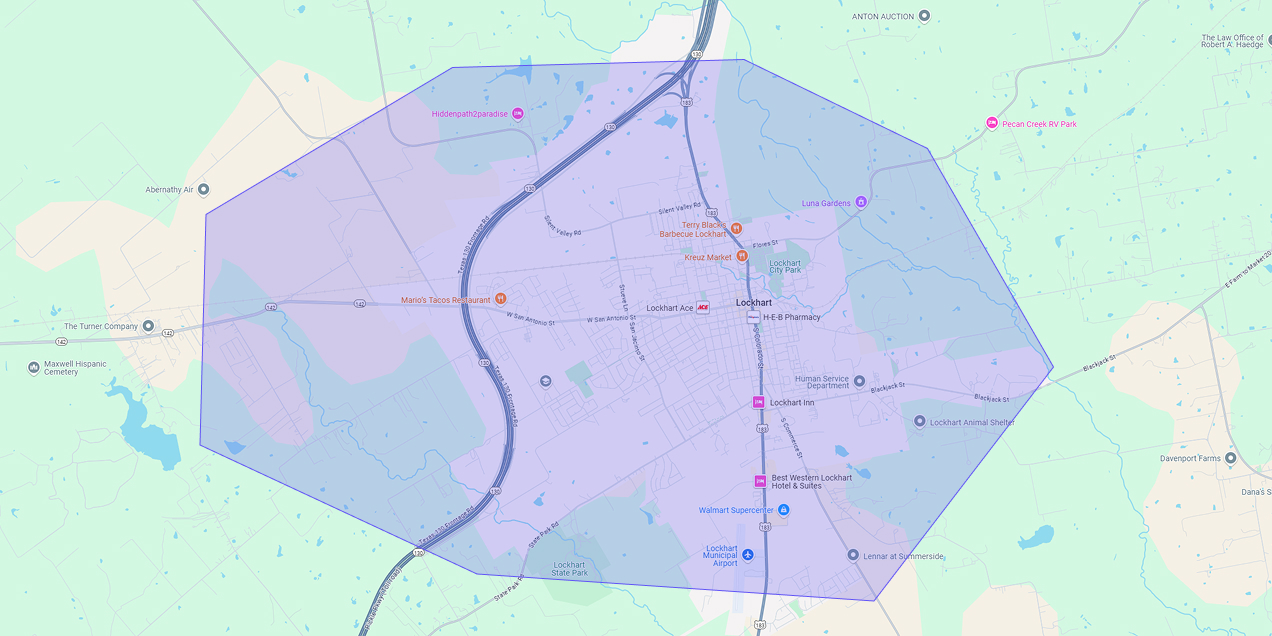 Map showing Premium Chimneys’ local fireplace and chimney service coverage area