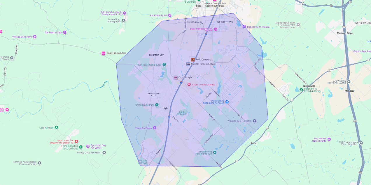 Map showing Premium Chimneys’ local fireplace and chimney service coverage area