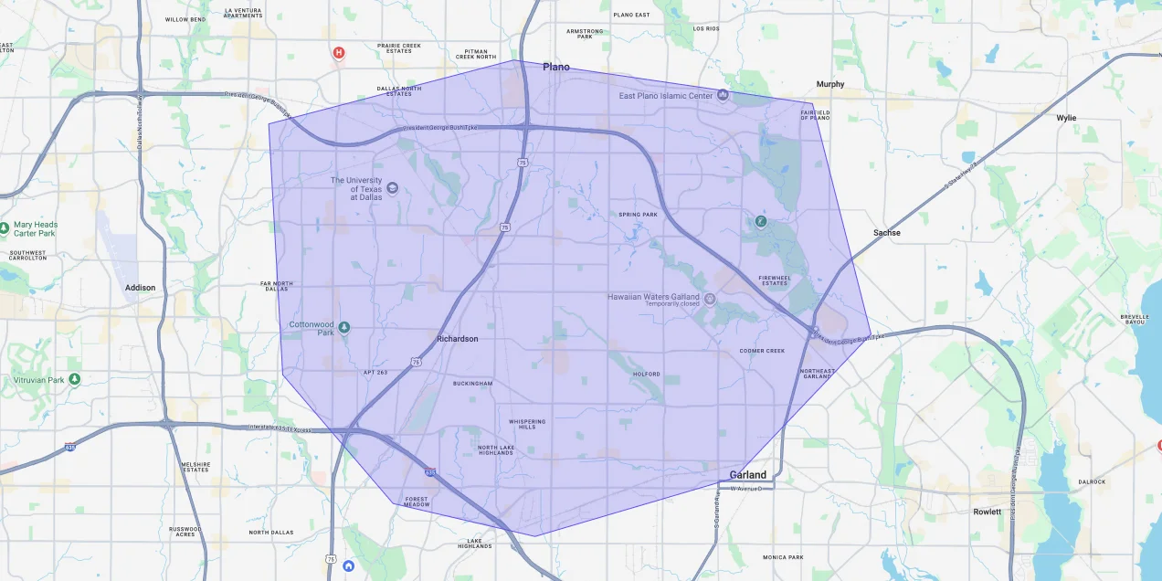 Map showing Premium Chimneys’ local fireplace and chimney service coverage area