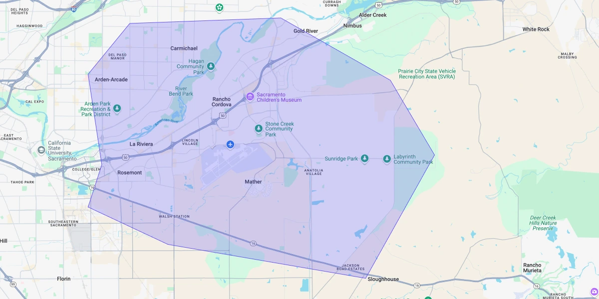 Map showing Premium Chimneys’ local fireplace and chimney service coverage area