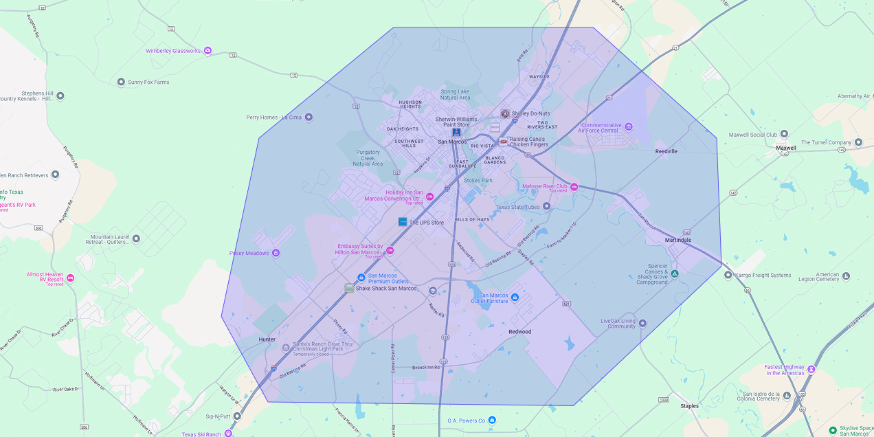 Map showing Premium Chimneys’ local fireplace and chimney service coverage area