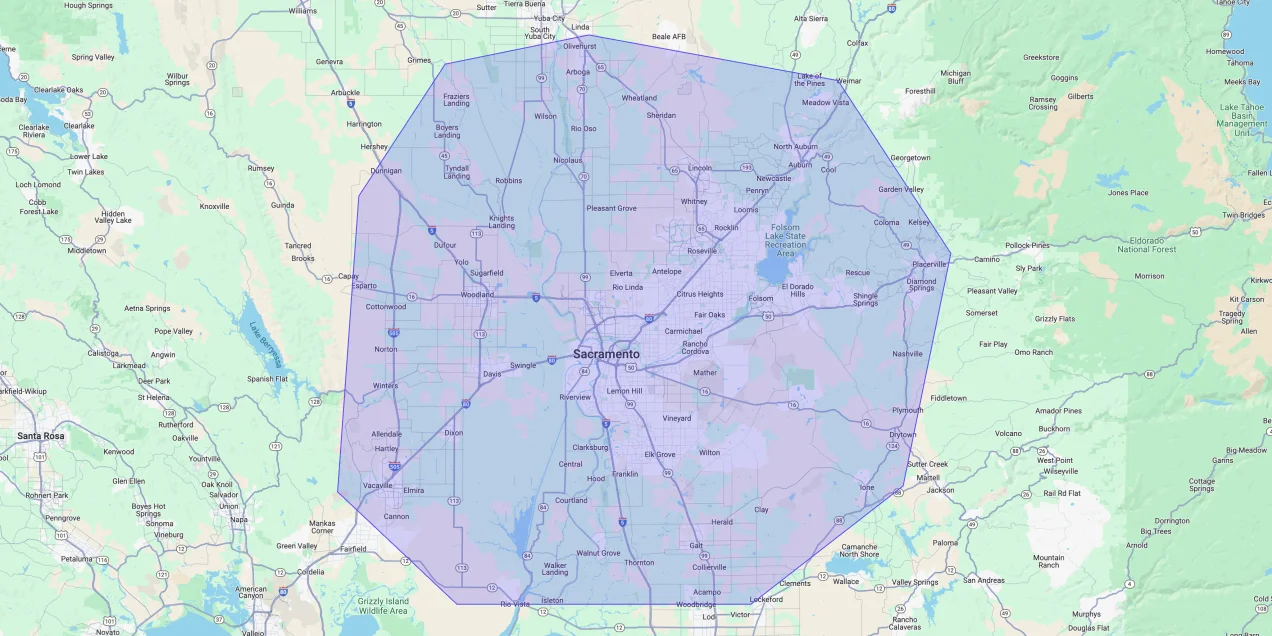 Map showing Premium Chimneys’ local fireplace and chimney service coverage area