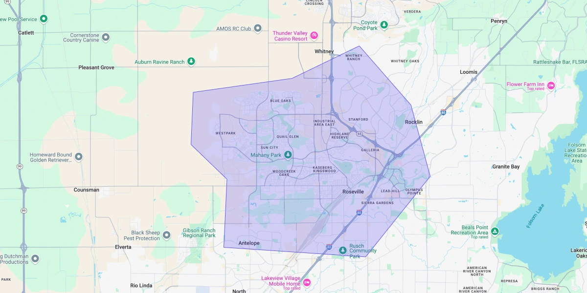 Map showing Premium Chimneys’ local fireplace and chimney service coverage area
