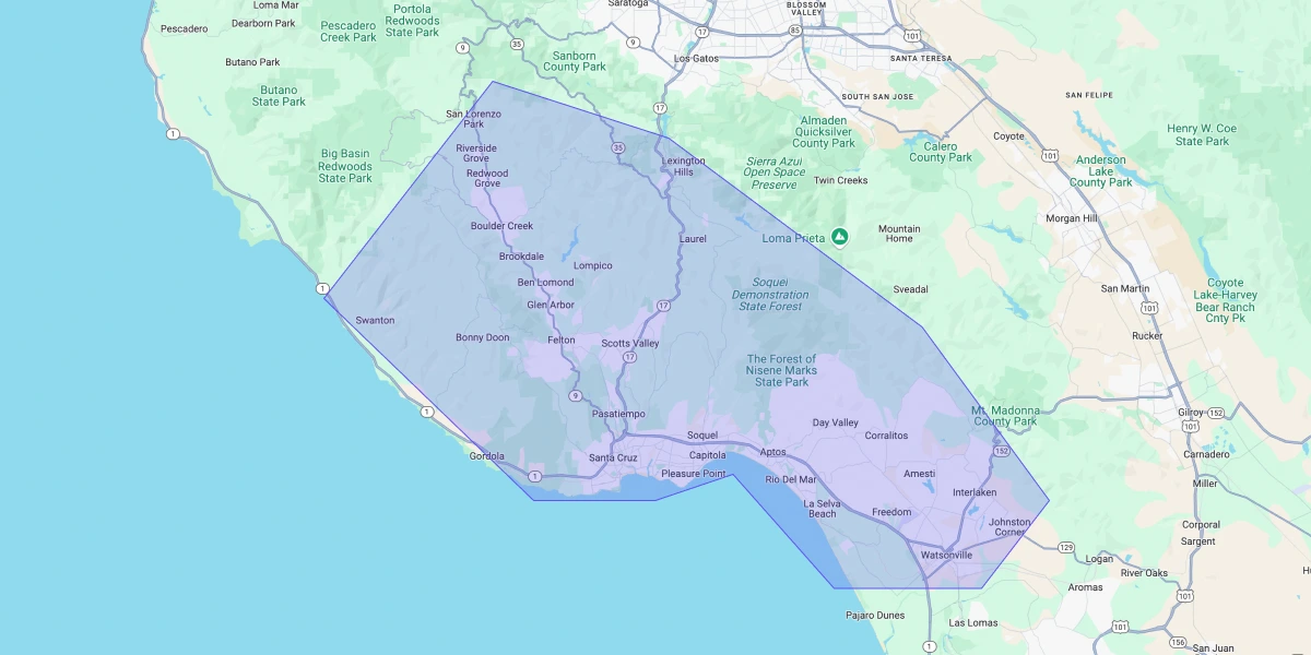 Map showing Premium Chimneys’ local fireplace and chimney service coverage area