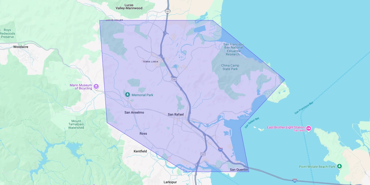 Map showing Premium Chimneys’ local fireplace and chimney service coverage area