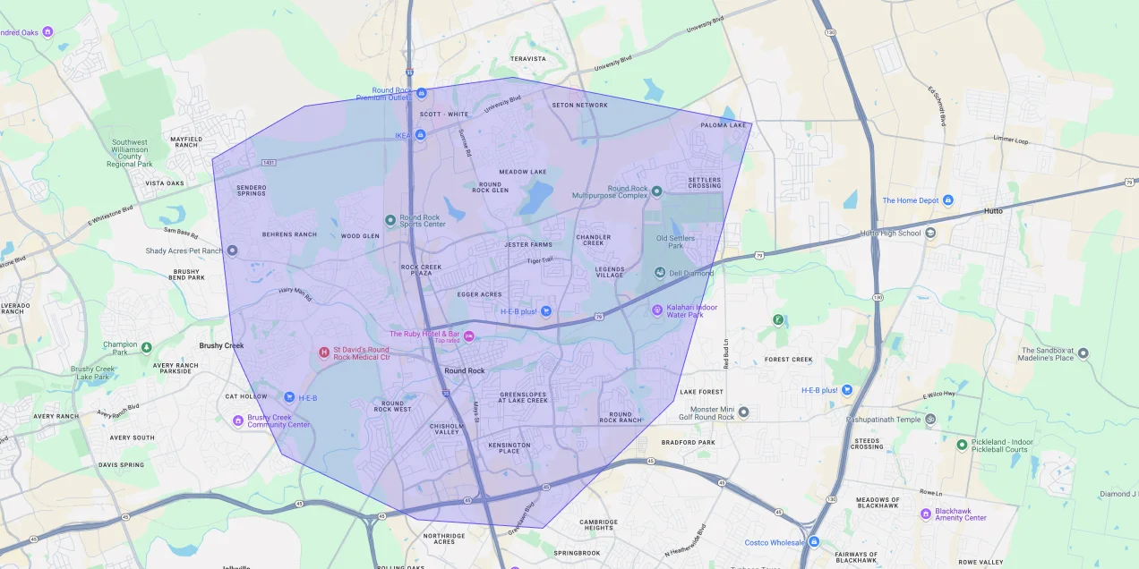 Map showing Premium Chimneys’ local fireplace and chimney service coverage area