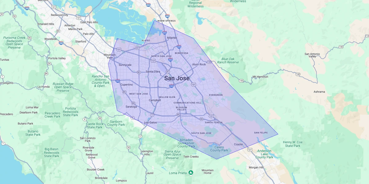 Map showing Premium Chimneys’ local fireplace and chimney service coverage area