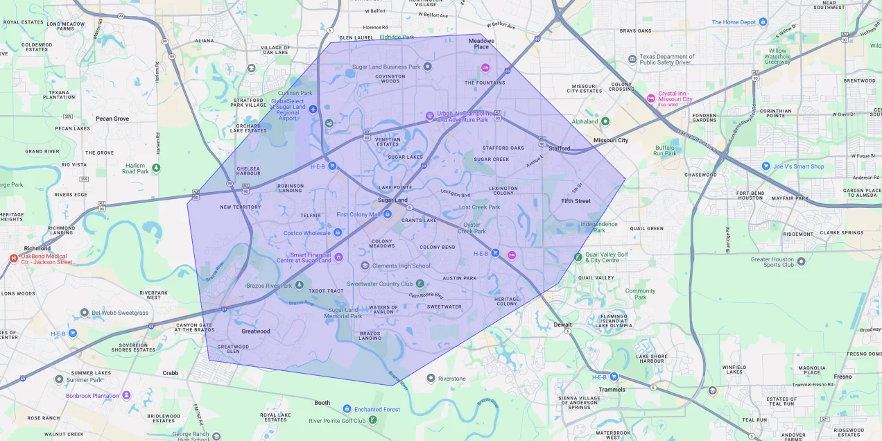 Map showing Premium Chimneys’ local fireplace and chimney service coverage area