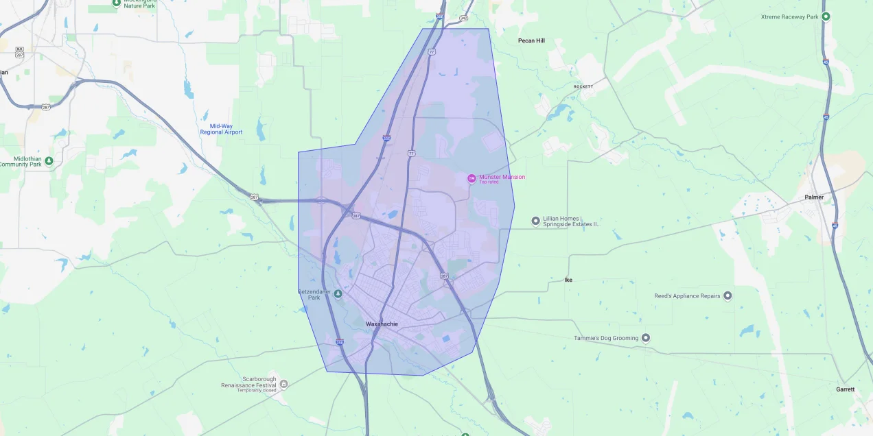 Map showing Premium Chimneys’ local fireplace and chimney service coverage area