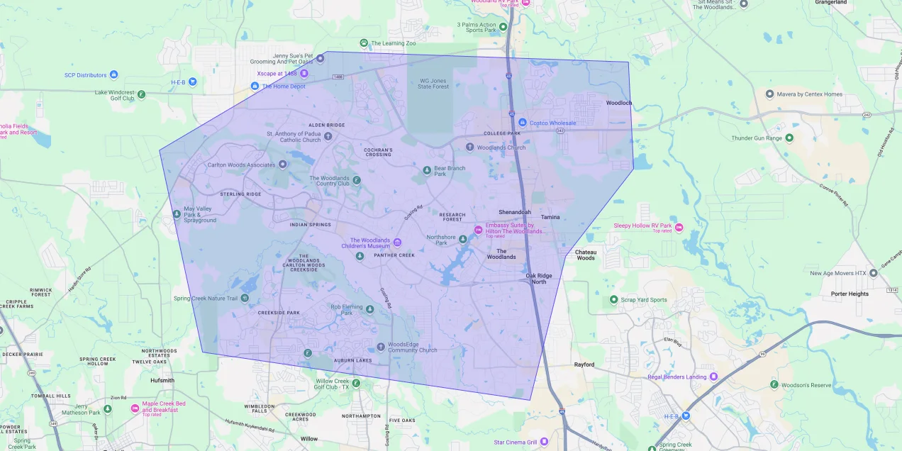 Map showing Premium Chimneys’ local fireplace and chimney service coverage area