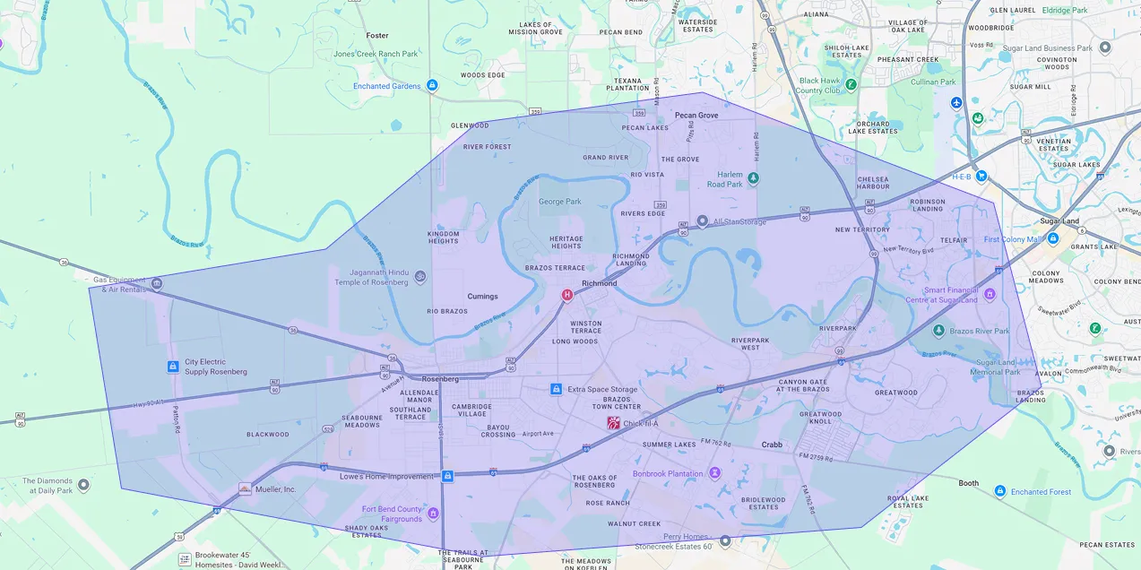 Map showing Premium Chimneys’ local fireplace and chimney service coverage area