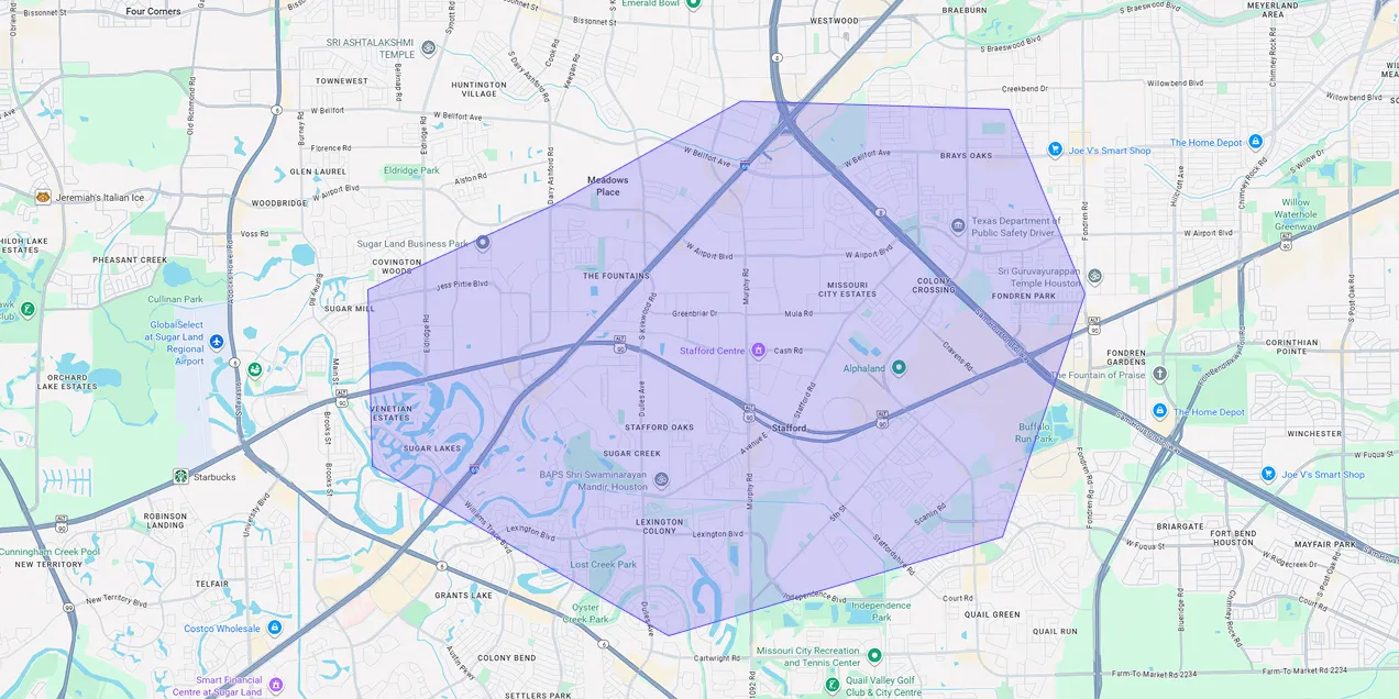 Map showing Premium Chimneys’ local fireplace and chimney service coverage area