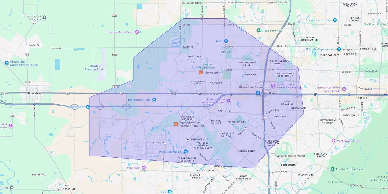 Map showing Premium Chimneys’ local fireplace and chimney service coverage area