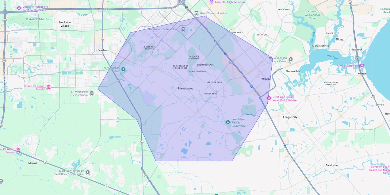 Map showing Premium Chimneys’ local fireplace and chimney service coverage area