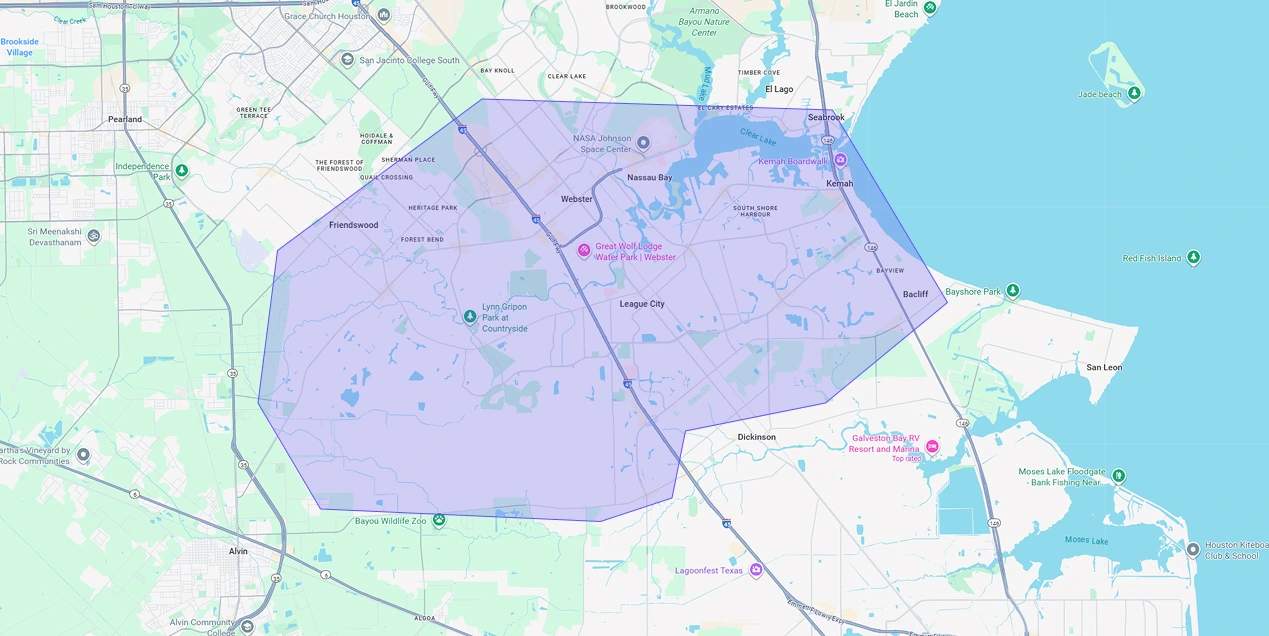 Map showing Premium Chimneys’ local fireplace and chimney service coverage area