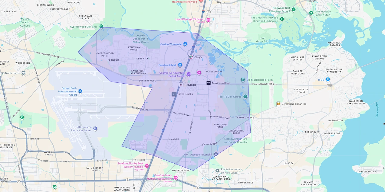 Map showing Premium Chimneys’ local fireplace and chimney service coverage area