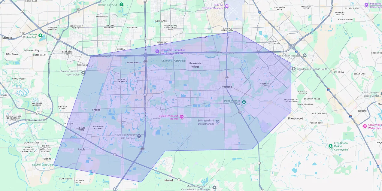 Map showing Premium Chimneys’ local fireplace and chimney service coverage area