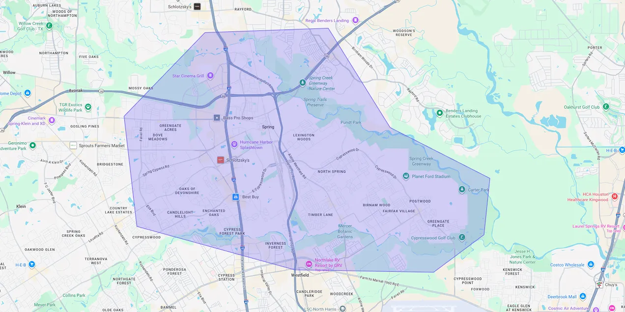 Map showing Premium Chimneys’ local fireplace and chimney service coverage area