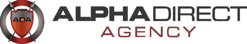 Alpha Direct Agency logo with shield and crossed swords emblem.