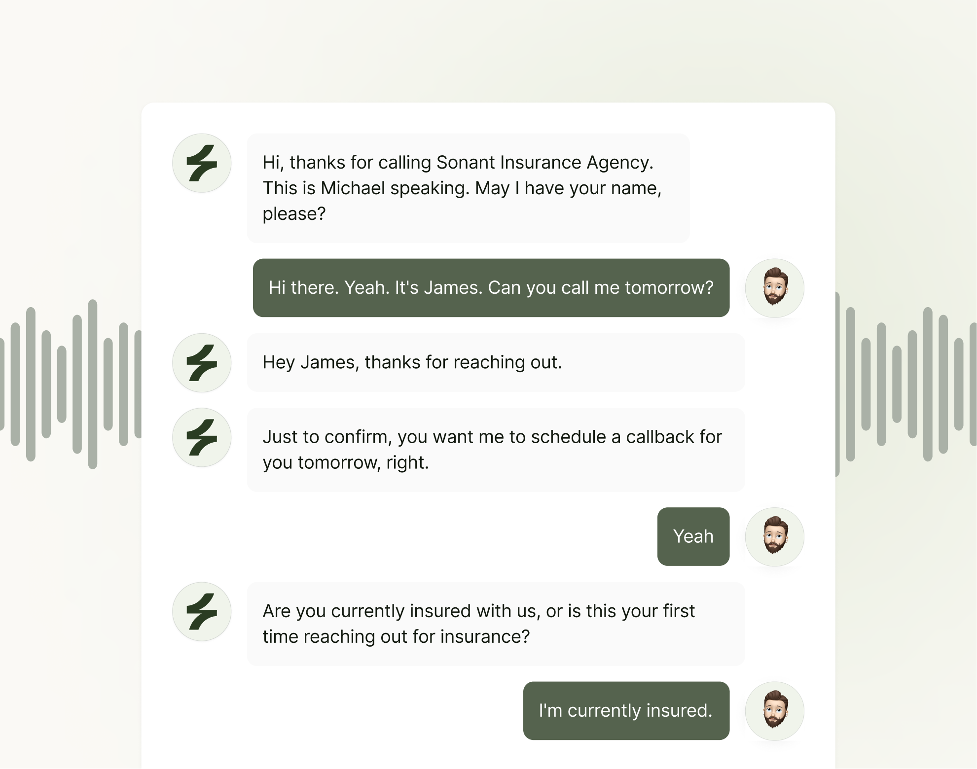 Chat interface showing a conversation between a chatbot representing Sonant Insurance Agency and a user named James discussing scheduling a callback and insurance status.