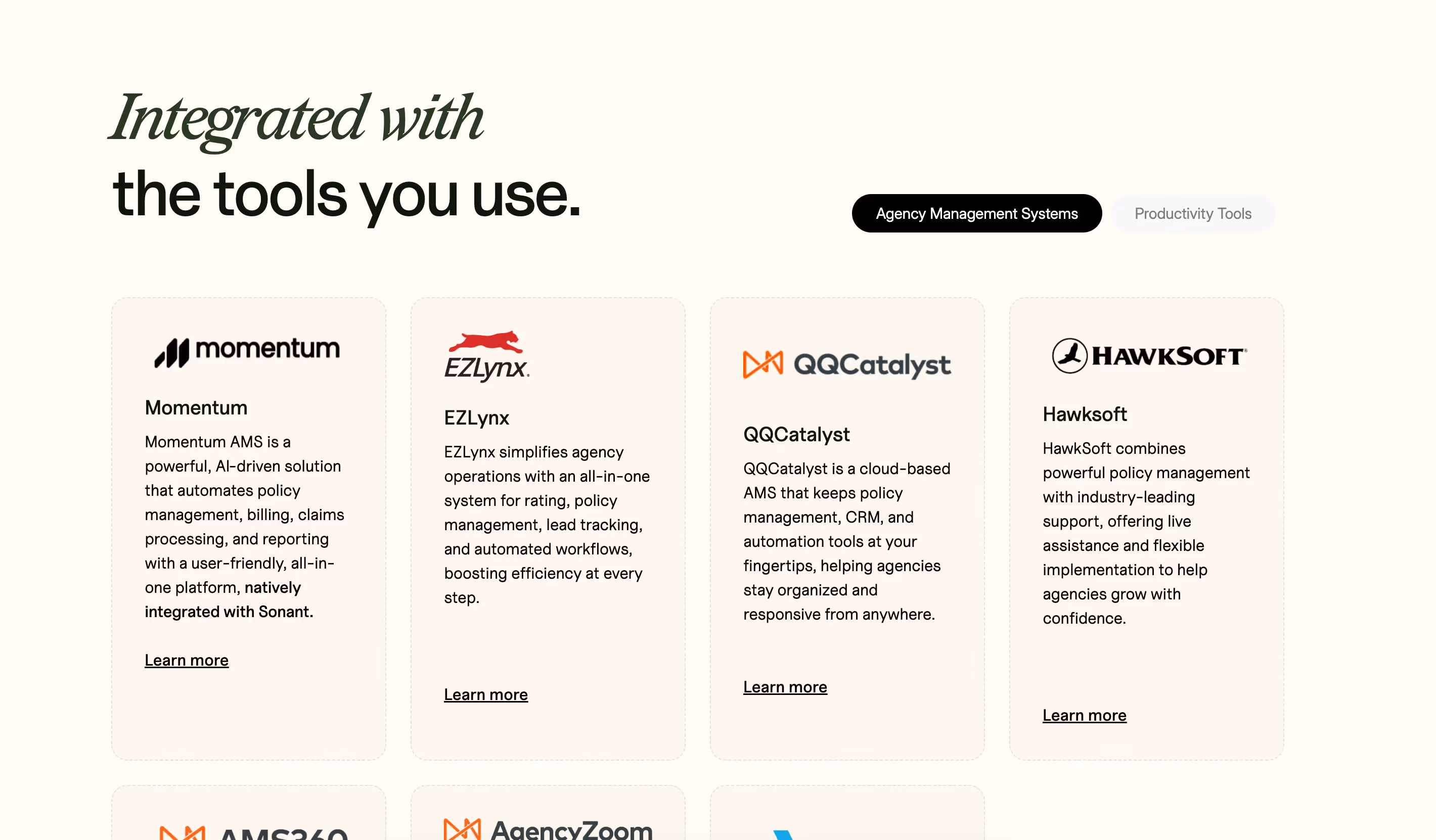 Section titled 'Integrated with the tools you use' showcasing agency management systems Momentum, EZLynx, QQCatalyst, and HawkSoft with brief descriptions and learn more links.