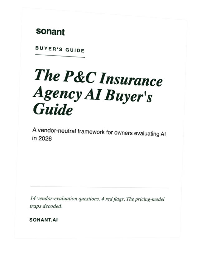 Cover of a buyer's guide titled 'The P&C Insurance Agency AI Buyer's Guide' with a subtitle about a vendor-neutral framework for owners evaluating AI in 2026, and mention of 14 vendor-evaluation questions, 4 red flags, and pricing-model traps decoded.