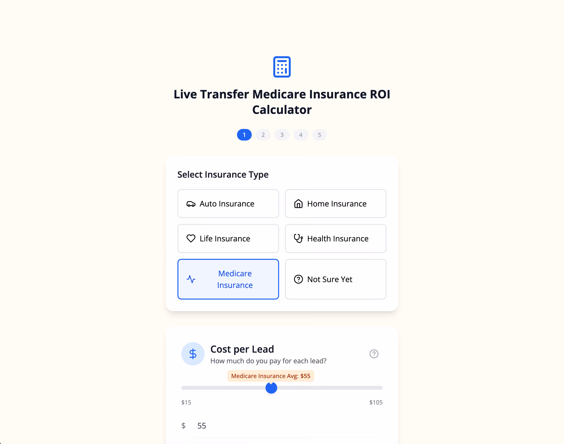 Live Transfer Medicare Insurance ROI Calculator interface with insurance type selection and cost per lead slider.