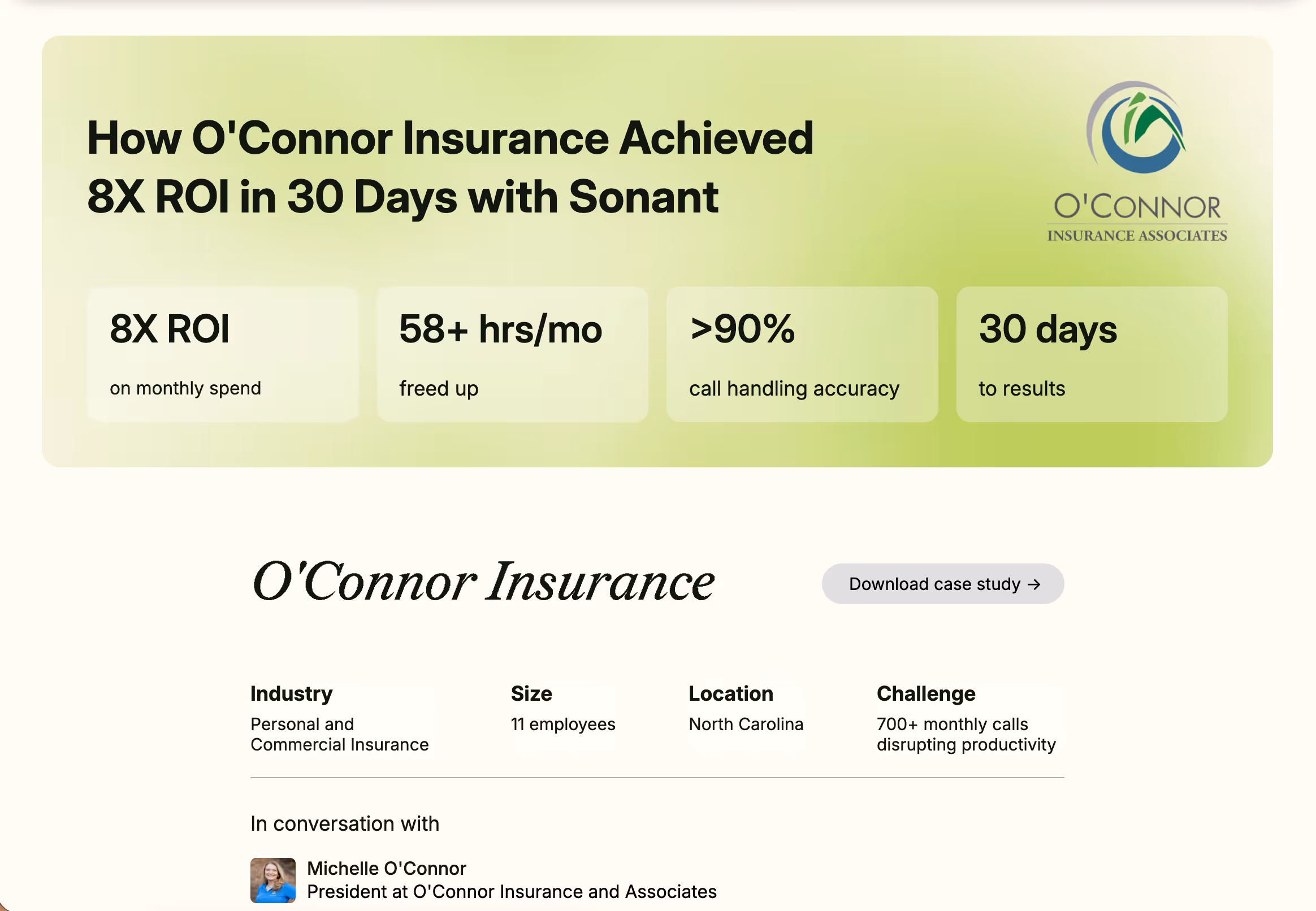 O'Connor Insurance case study shows 8X ROI in 30 days, 58+ hours freed, 90%+ call accuracy, North Carolina.