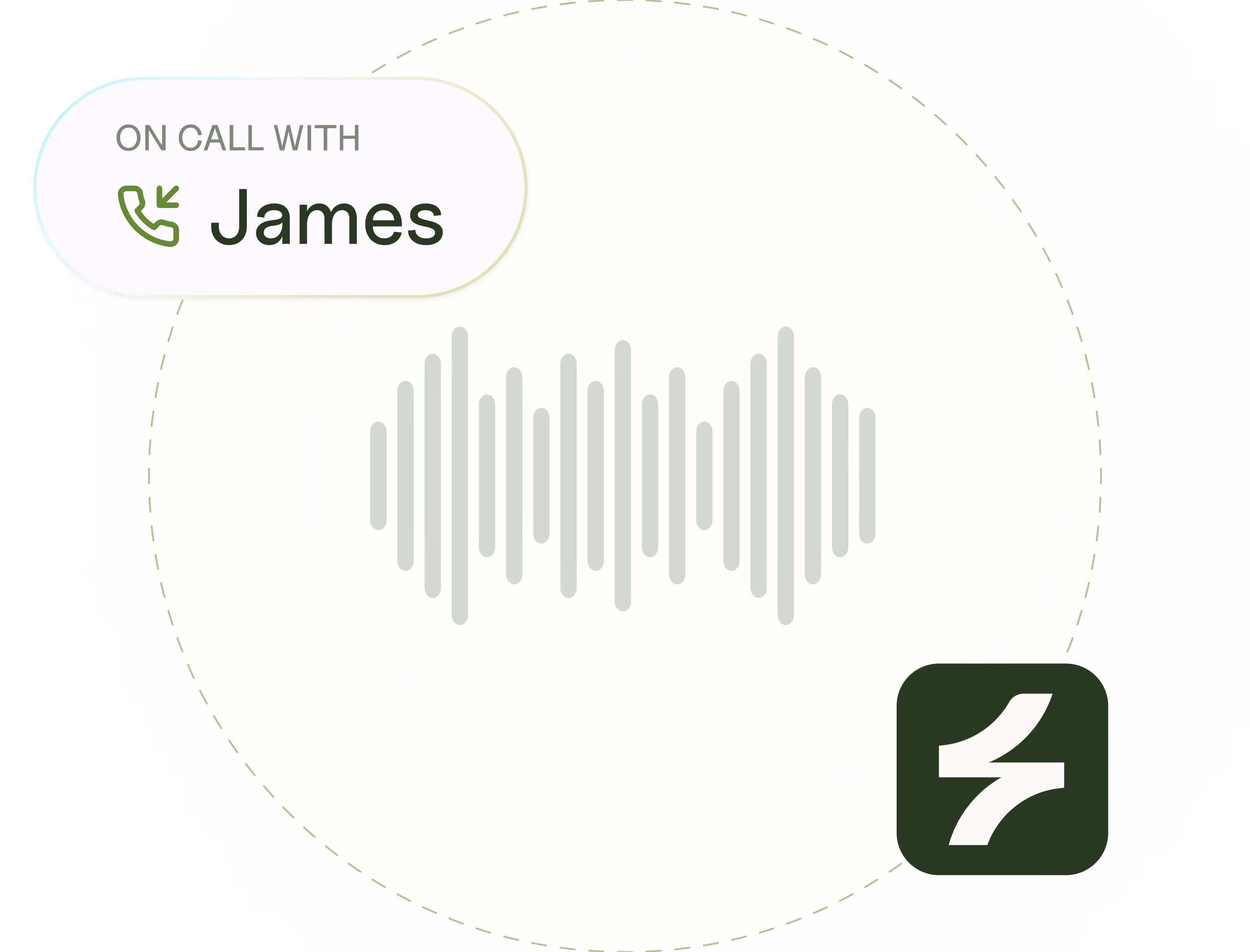 On call with James, phone icon and voice waveform displayed inside a glowing circle with a logo.