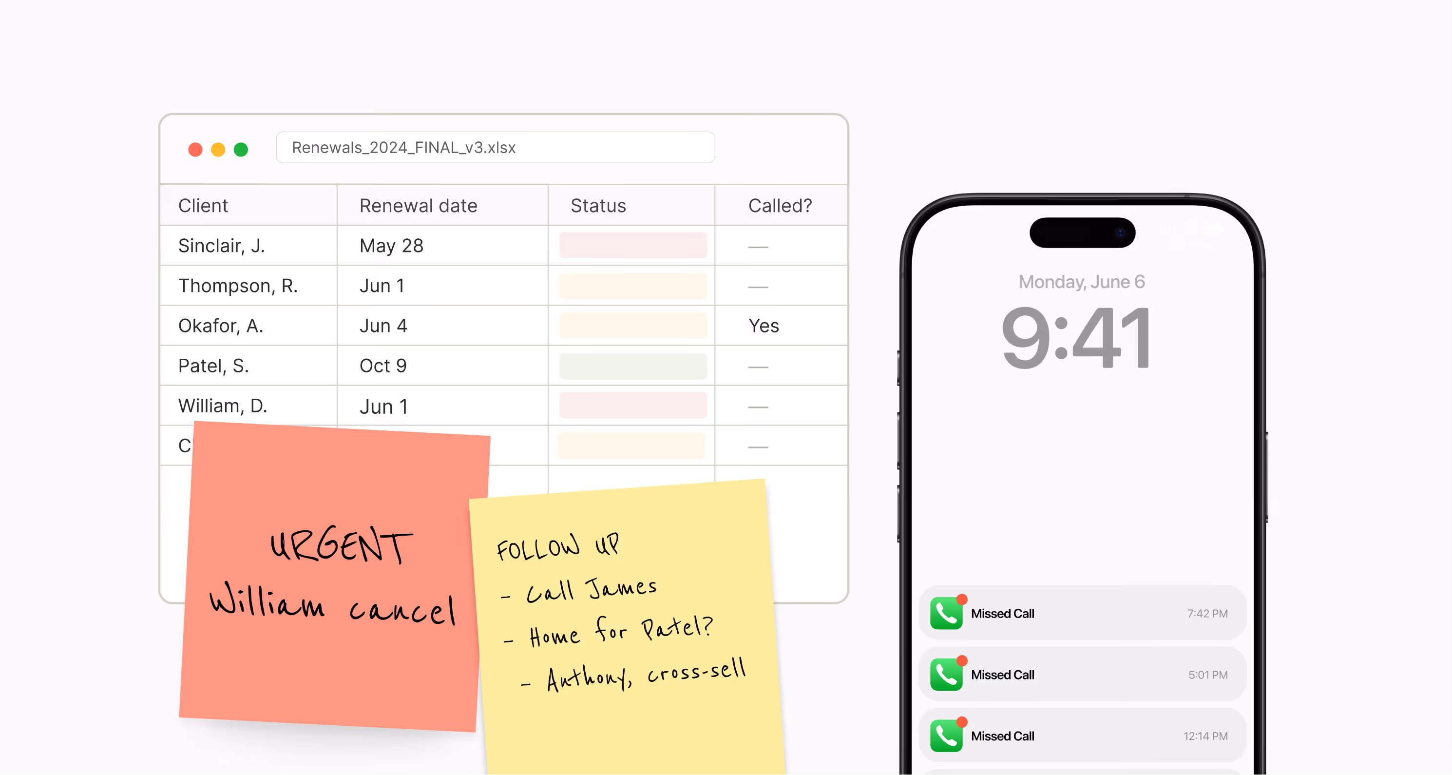 Spreadsheet of client renewals with sticky notes for urgent follow up and a phone showing three missed calls.
