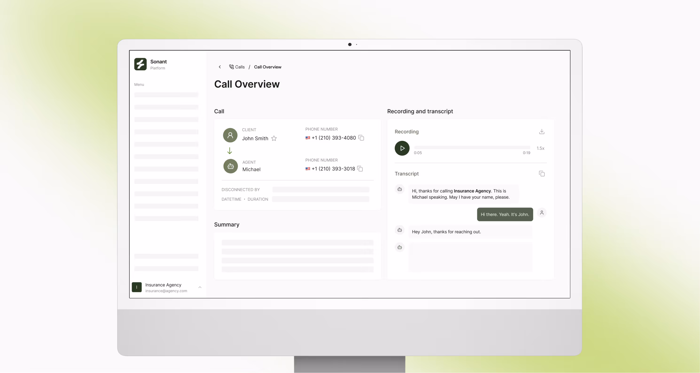 Monitor showing call overview with client and agent details, phone numbers, recording, and transcript.
